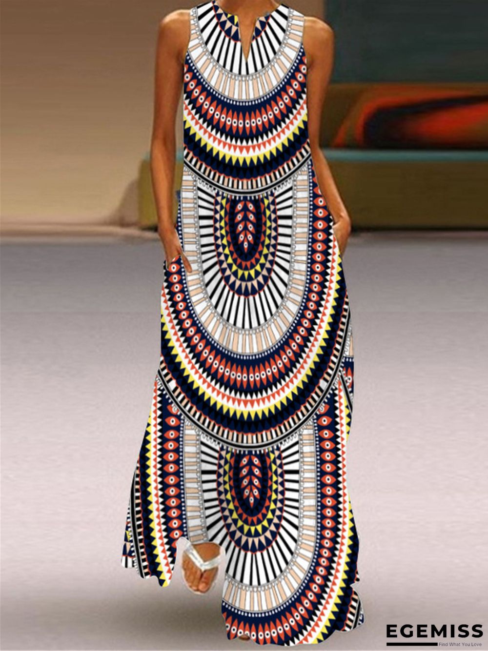 Digital Printed V-neck Sleeveless Dress Pocket | EGEMISS