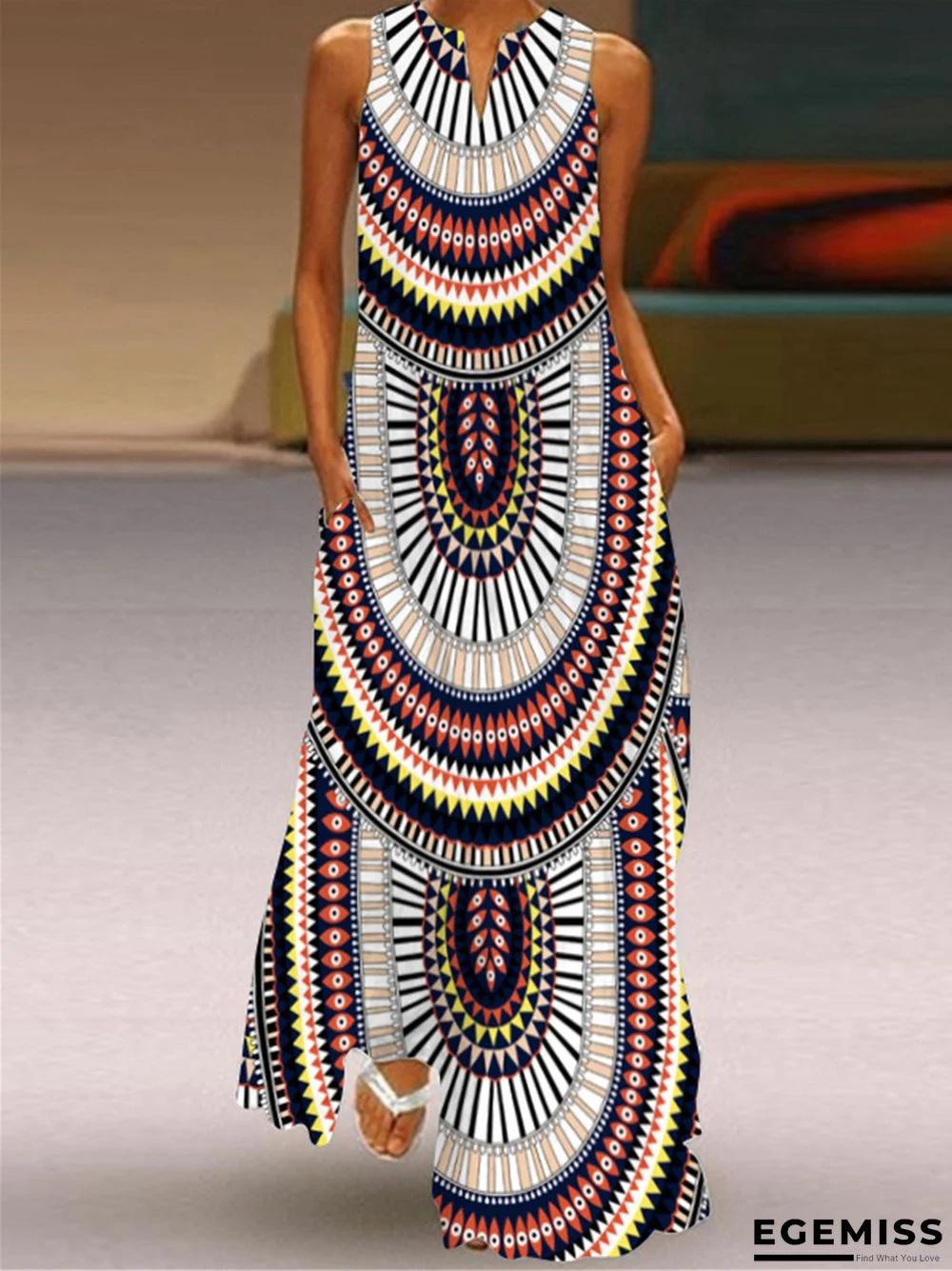 Digital Printed V-neck Sleeveless Dress Pocket | EGEMISS