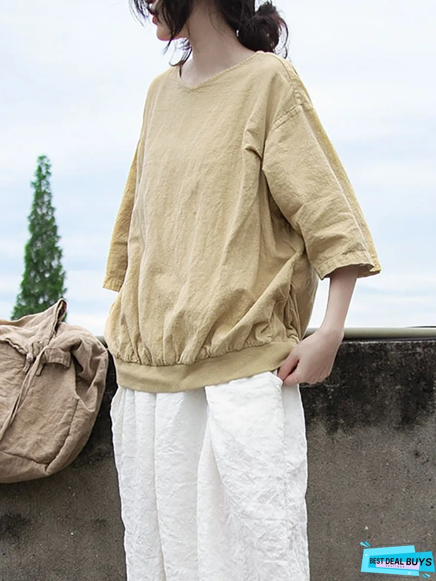 Women Summer Casual Solid Loose Cotton V-Neck Shirt