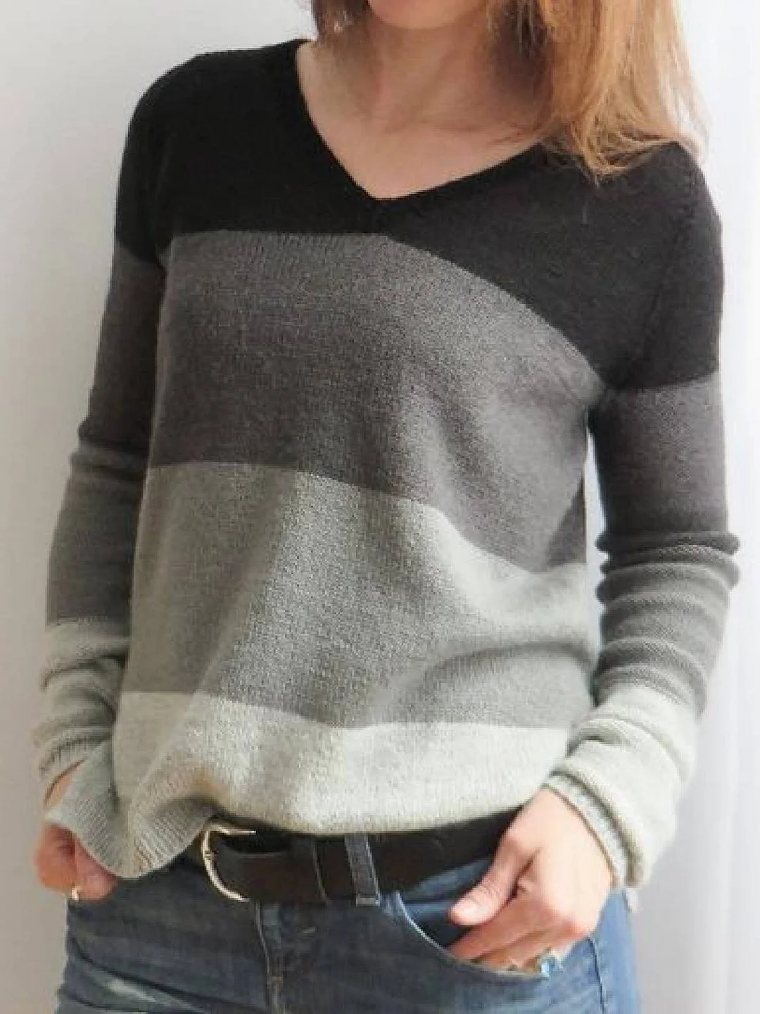Black Long Sleeve Cotton-Blend Color-Block Sweater | EGEMISS