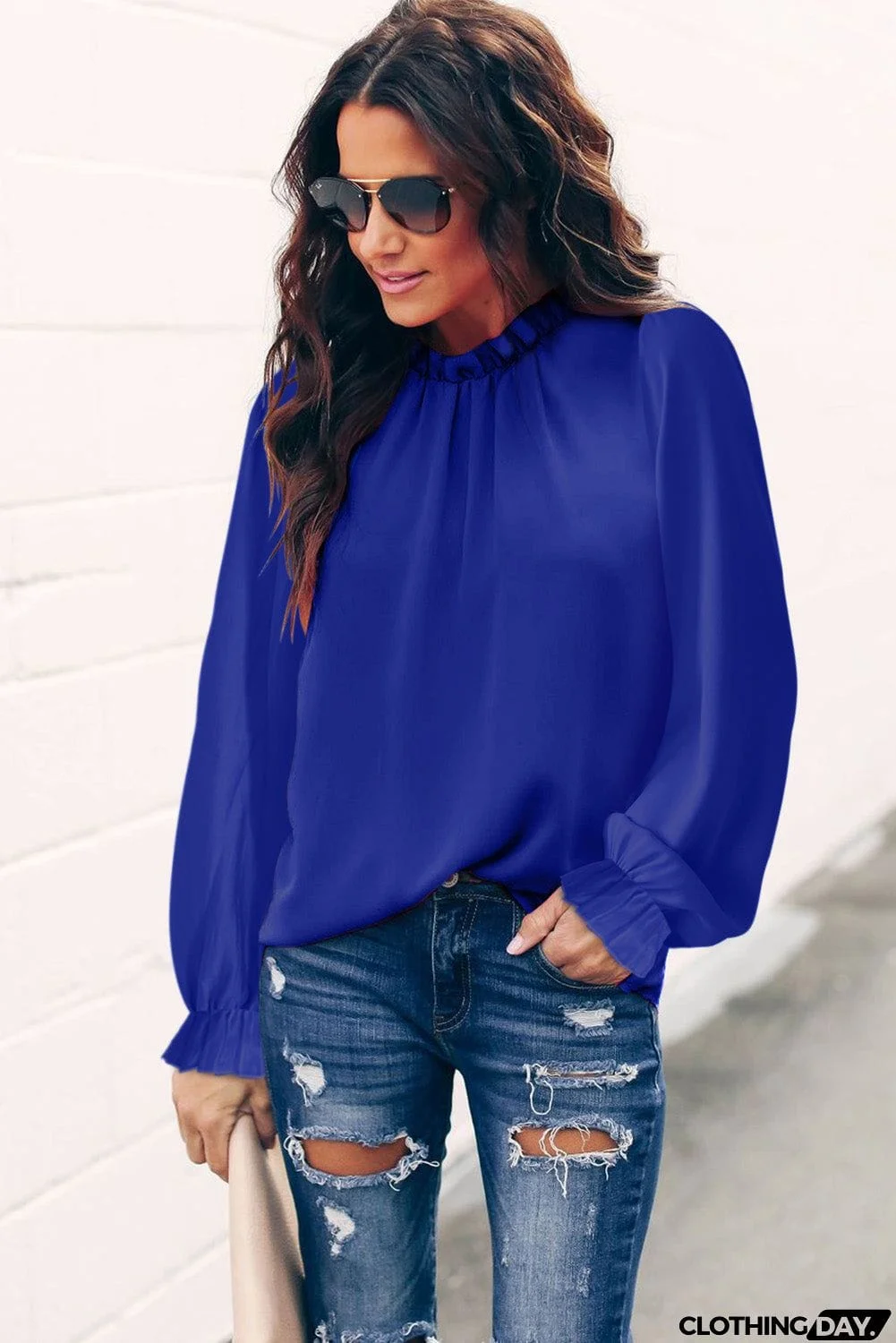 Frilled Mock Neck Balloon Sleeve Blouse