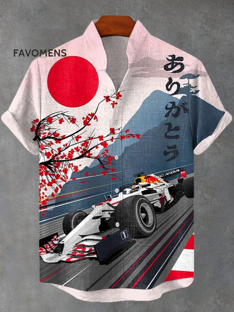 Men’s Retro Japanese Art Auto Racing Print Casual Shirt White / S
