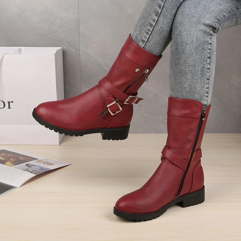 2021 Mid-Calf Boots Plus Size 43 Women Buckle Goth Boots Female Low Square Heel Zipper Leather Flat Shoes Red Black Grey Boots