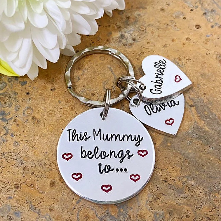 Mummy Keychain, This Mummy Belongs To, Personalized Heart Keychain Engraved 2 Names Gifts For Mum