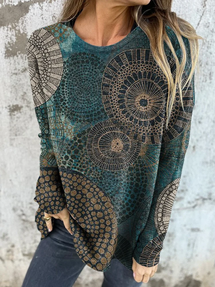 Women's Vintage Circle Totem Abstract Art Print Button Back Casual Knitted Shirt