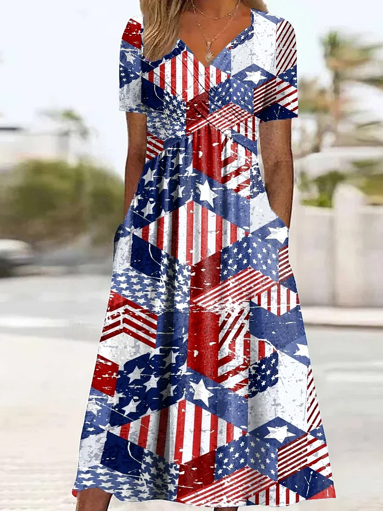 Women's Independence Day Themed Flag Splicing Print Dress