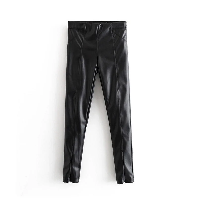 Aachoae Women Stylish PU Faux Leather Stretch Pants 2021 Solid High Waist Ladies Pencil Trousers Full Length Streetwear Bottoms