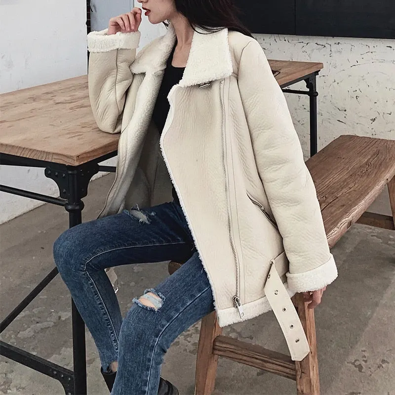 Ailegogo New Women Lamb Fur Faux Leather Jacket Coat Turn Down Collar Winter Thick Warm Oversized Zipper With Belt Outerwear