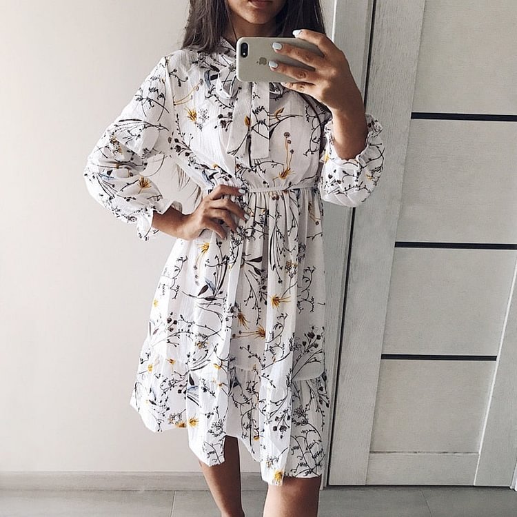 Winter Dress Women Long Sleeve Vintage Dress Chiffon Shirt Vestidos For Ladies Casual Floral Midi Autumn Dresses Polka Dot - BlackFridayBuys