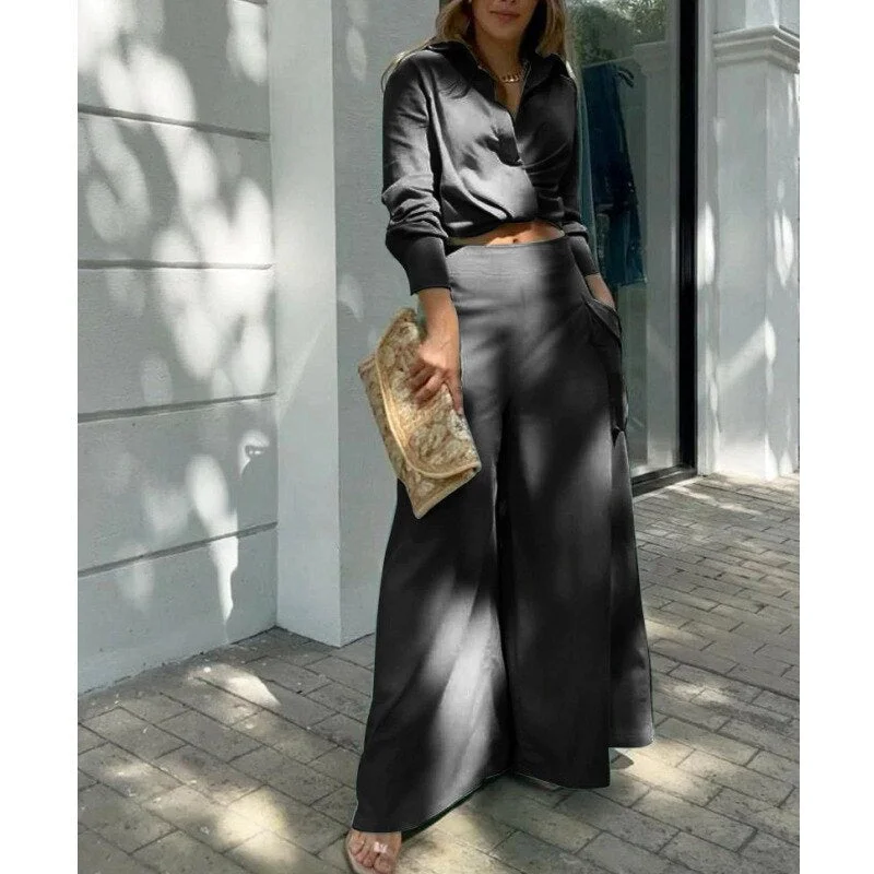 Foridol Shirt Long Pants Suits 2 Piece Set Women Long Sleeve Shirt Wide Leg Pants Casual White Spring Summer Outfits 2023 New