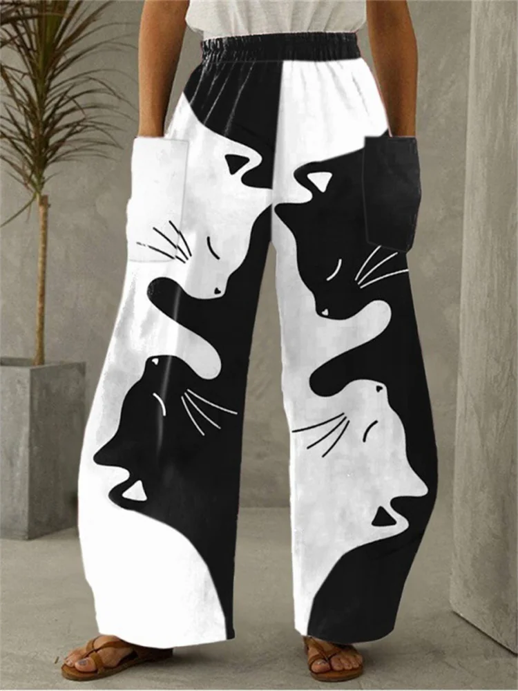Cat Contrast Color Art Wide Leg Pants