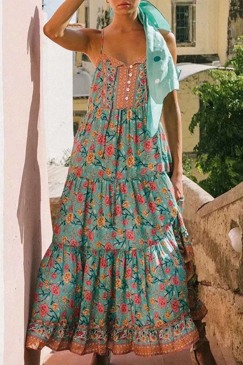 Fashion Bohemian Print Split Joint Spaghetti Strap Cake Skirt Dresses