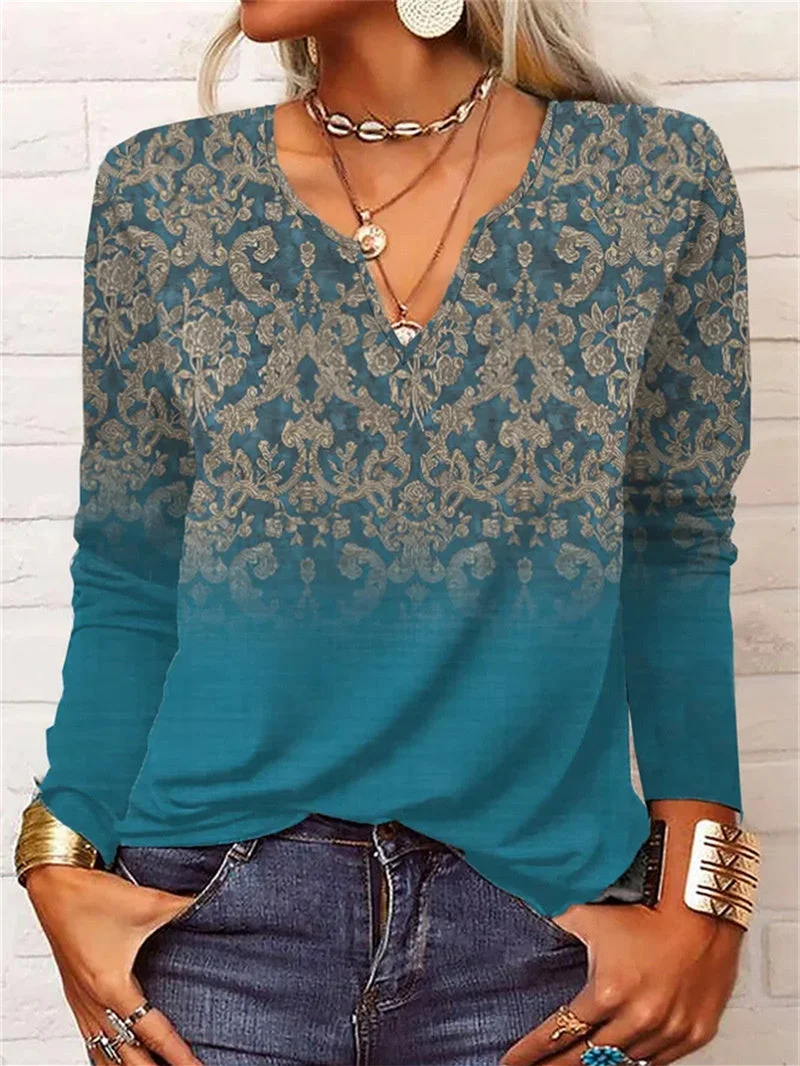 Women's Long Sleeve V-neck Printed Graphic Tops