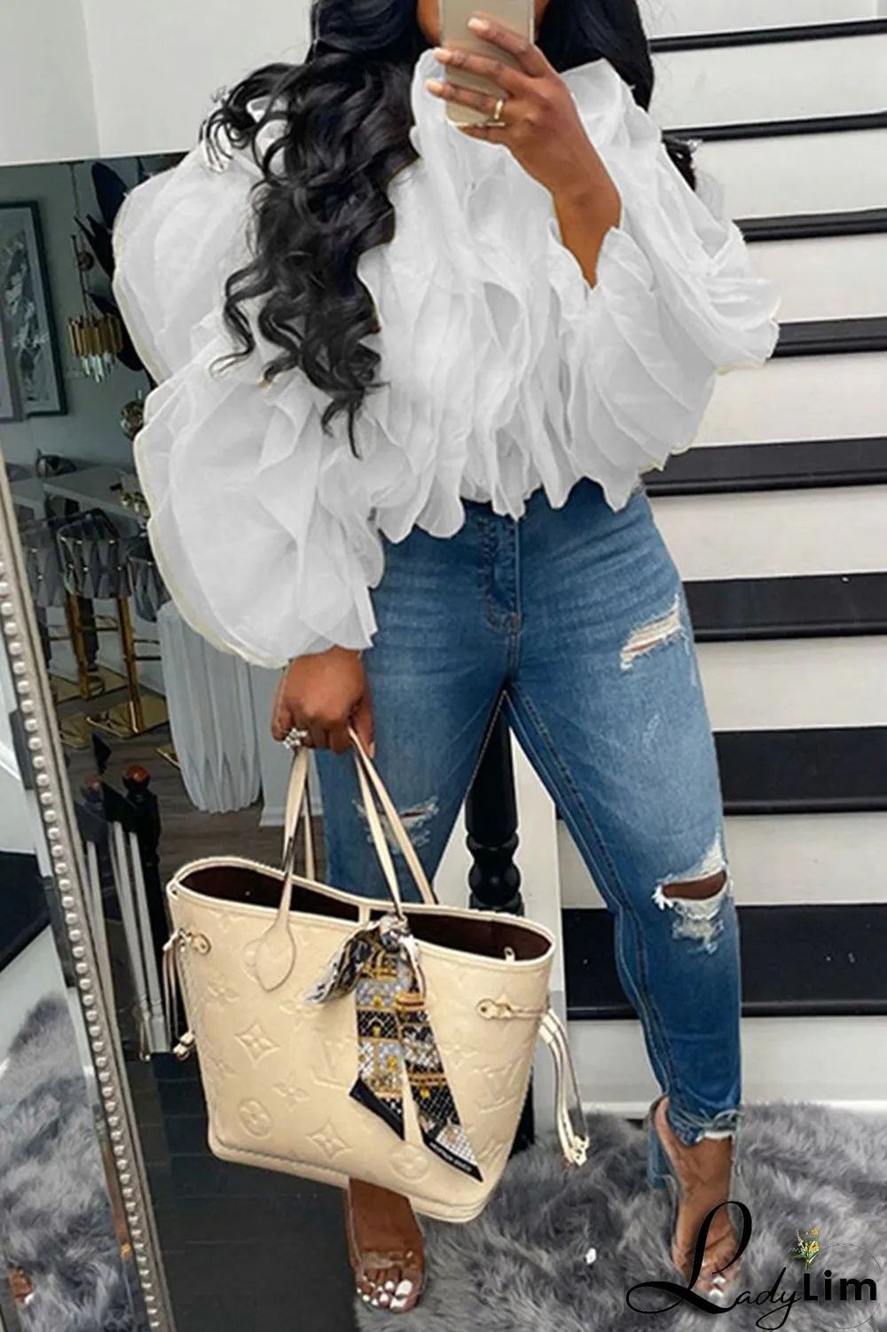 Beige Fashion Casual Solid Patchwork Flounce O Neck Tops