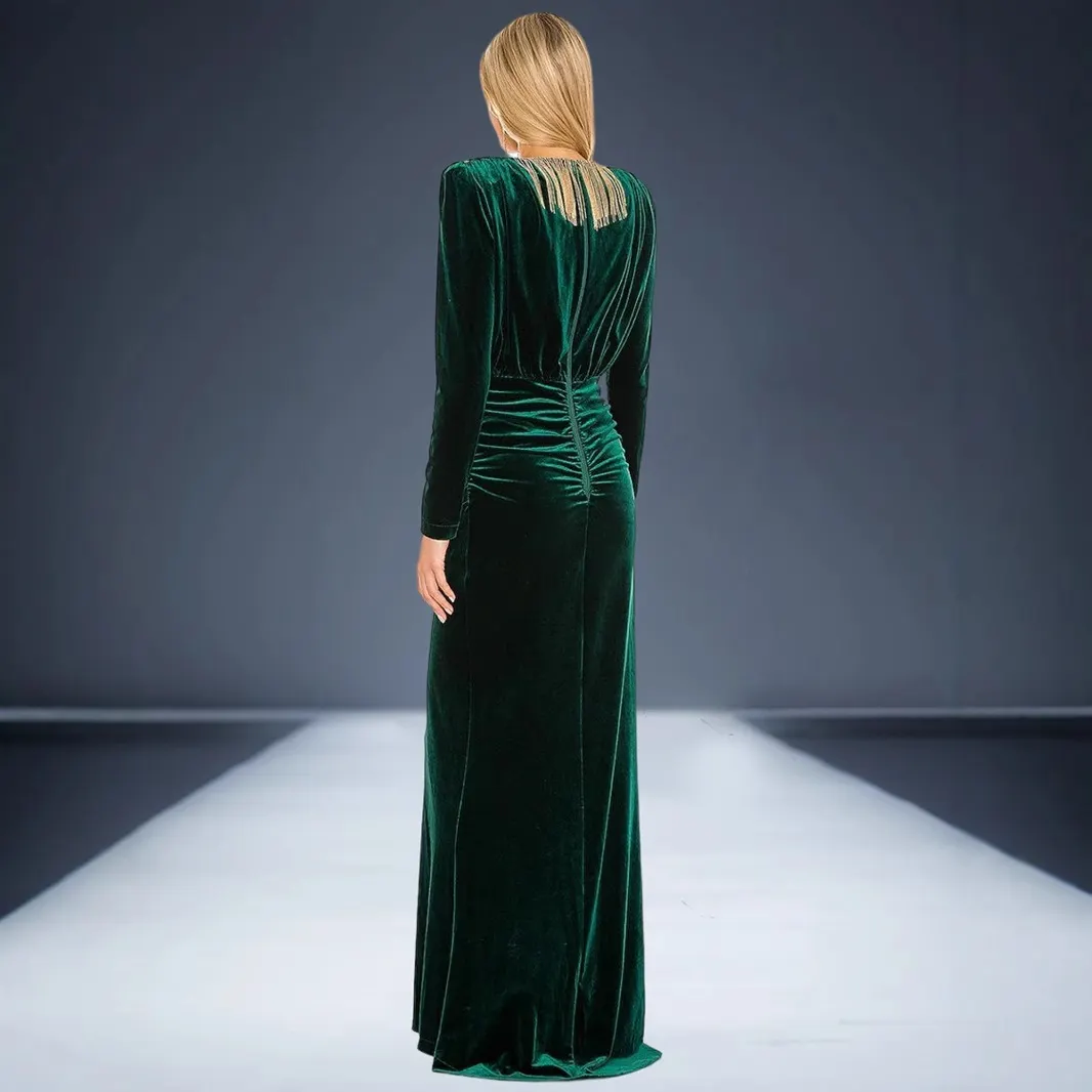 Brownm Autumn Women's Sexy Deep V-Neck Velvet Dress Dress French High-End Temperament Dress Dress Woman