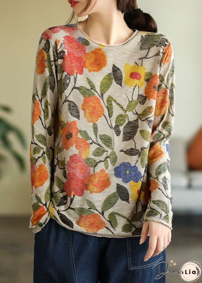 Women Beige O-Neck Print Knit Tops Fall