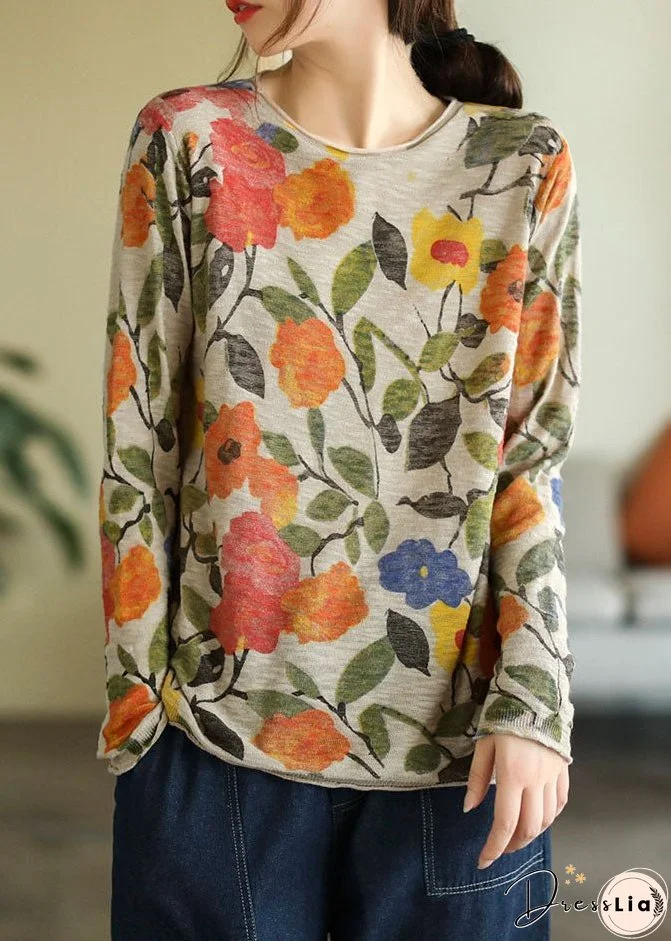 Women Beige O-Neck Print Knit Tops Fall