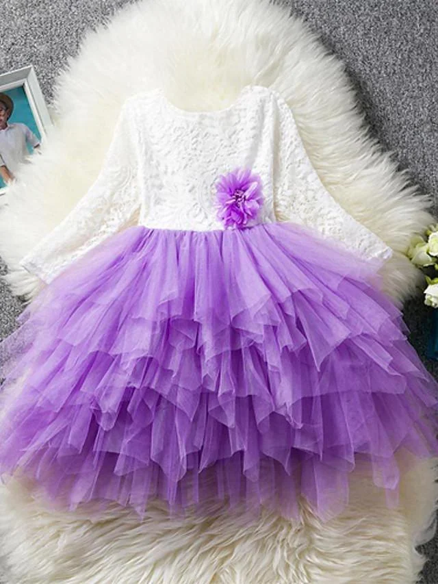 Kids Girls' Princess Party Daily Solid Colored Flower Lace Layered Long Sleeve Dress White / Cotton