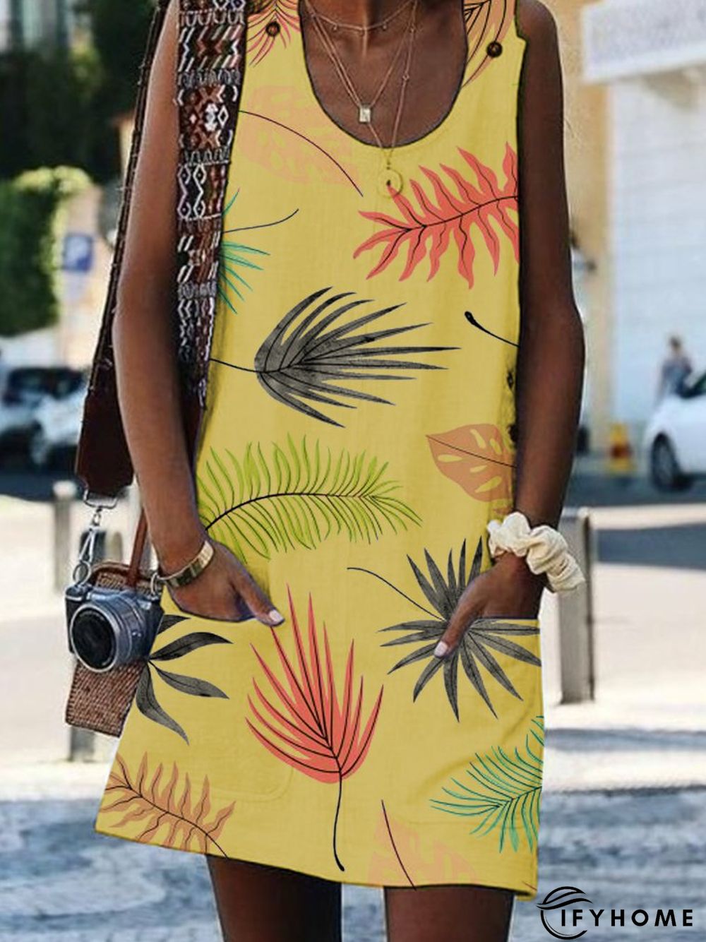 Bohemian Printed Drawstring Sleeveless Causal Weaving Dress | IFYHOME