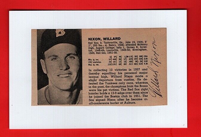 1958 WILLARD NIXON-BOSTON RED SOX 4X6 AUTOGRAPHED MAGAZINE Photo Poster painting-d.2000