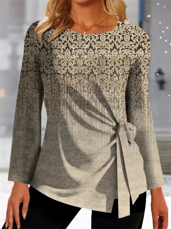Women's Lace-up Gradient Printed Scoop Neck Long Sleeve Top