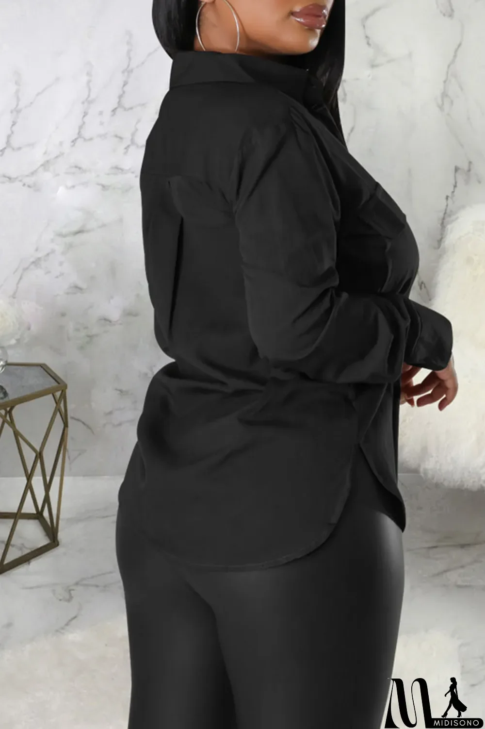 MidiSono - Brown Casual Solid Patchwork Buckle Turndown Collar Tops