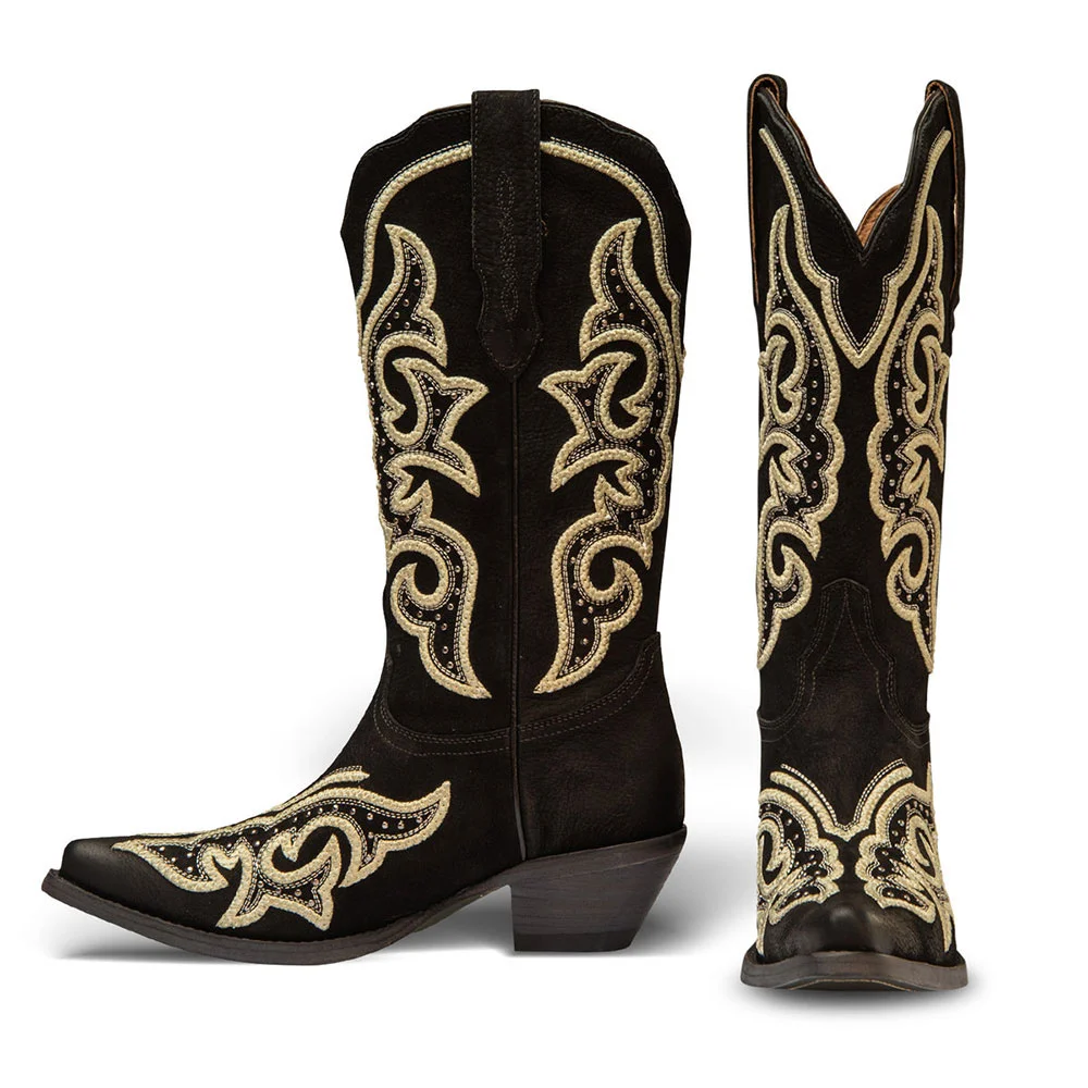 Black Studded Chunky Heel Gold Embroidery Western Boots for Women