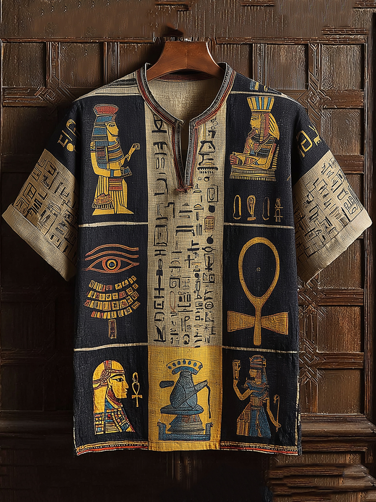 Comstylish Men's Ankh Ancient Egyptian Patchwork Casual Linen Shirt