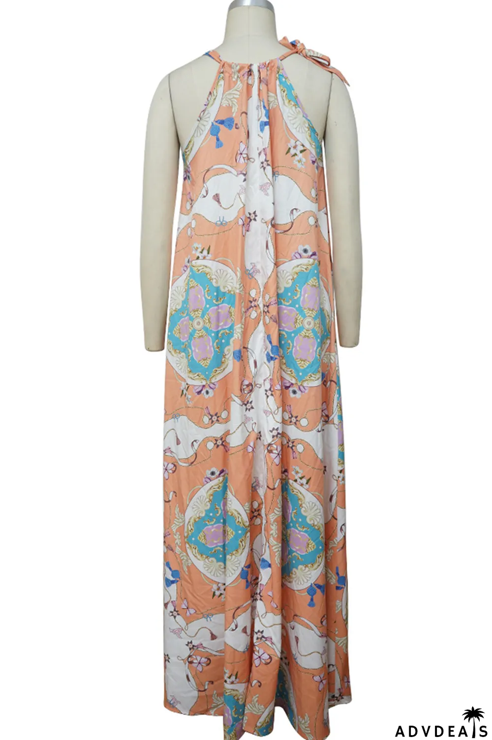 Tangerine Red Casual Print Patchwork Halter Straight Dresses