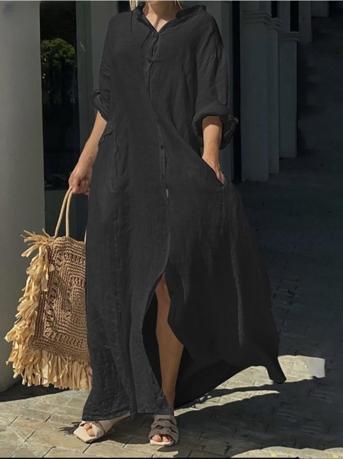 Mature Women's Fashion Casual Pocket Shirt Cotton And Linen Collar Dress
