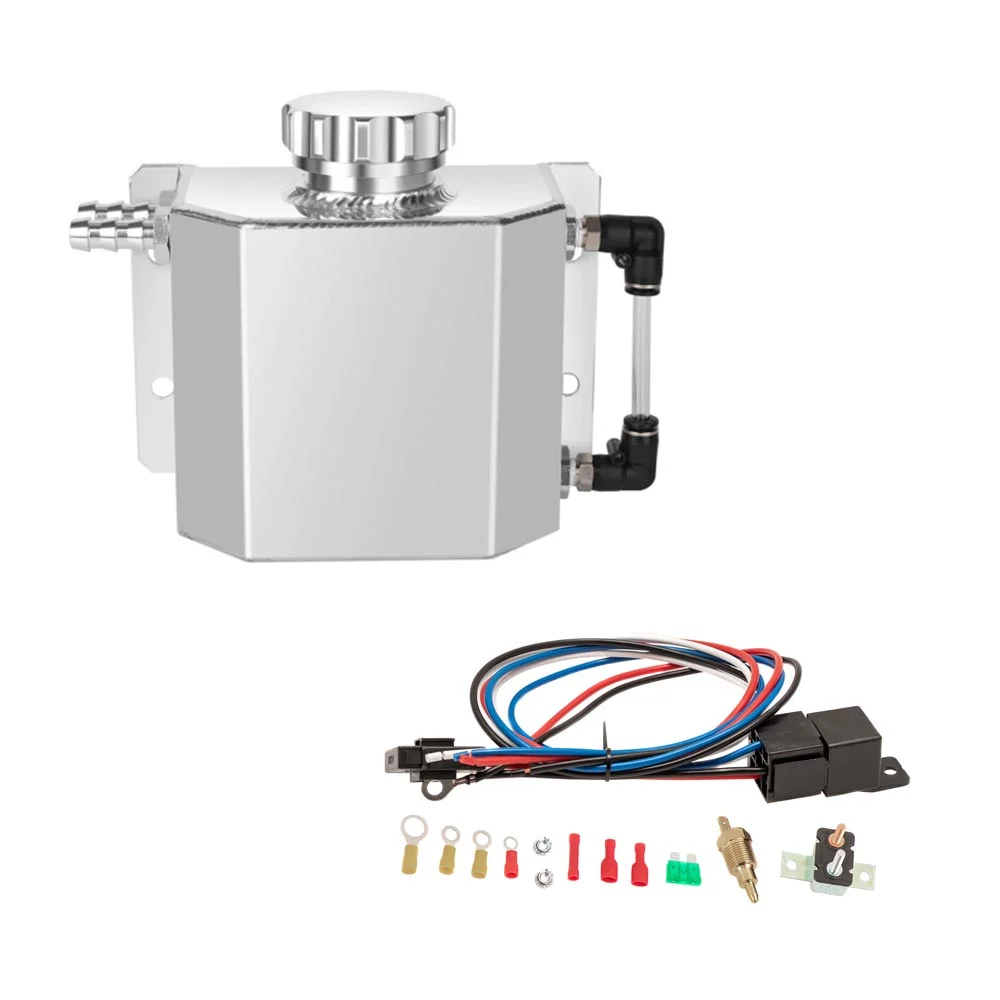 Alloyworks Relay & Overflow Tank Universal Thermostat Wiring Sets Fan Temperature Switch Relay Kit & 1000ml Universal Aluminum Radiator Coolant Overflow Recovery Water Bottle Tank