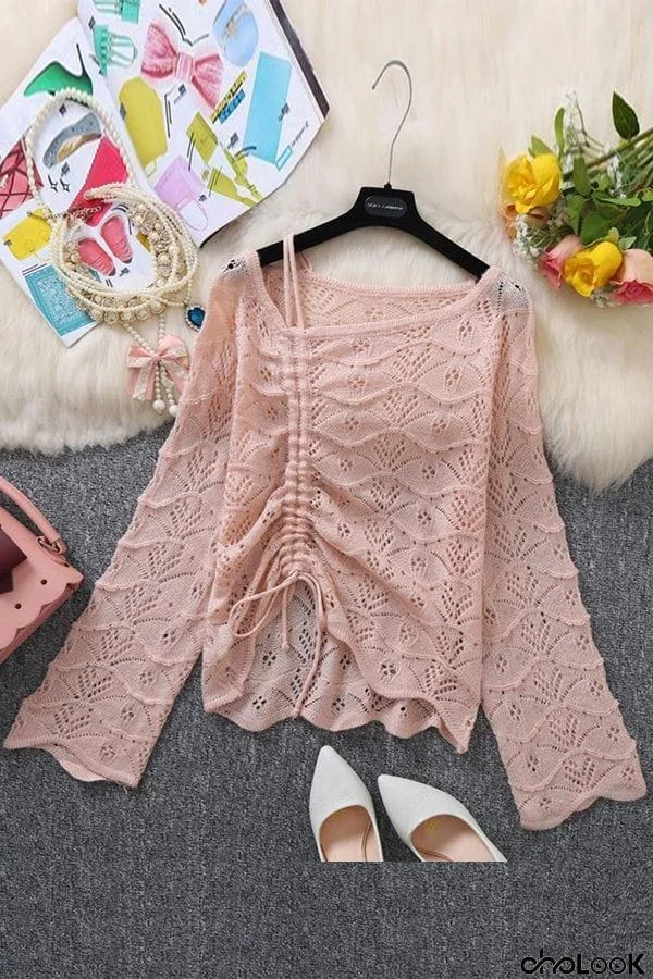 Hollow Dew Shoulder Drawstring Sweater