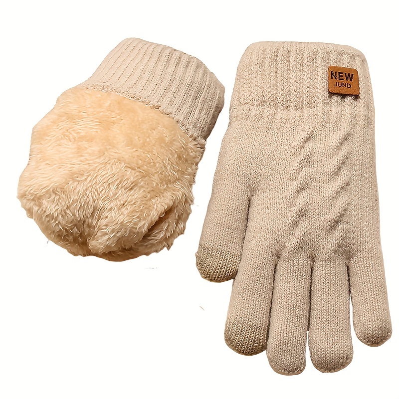 Women's Fleece Thickened Gloves Double-layer Knitted Warm Solid Color Gloves Winter Full Finger Coldproof Gloves