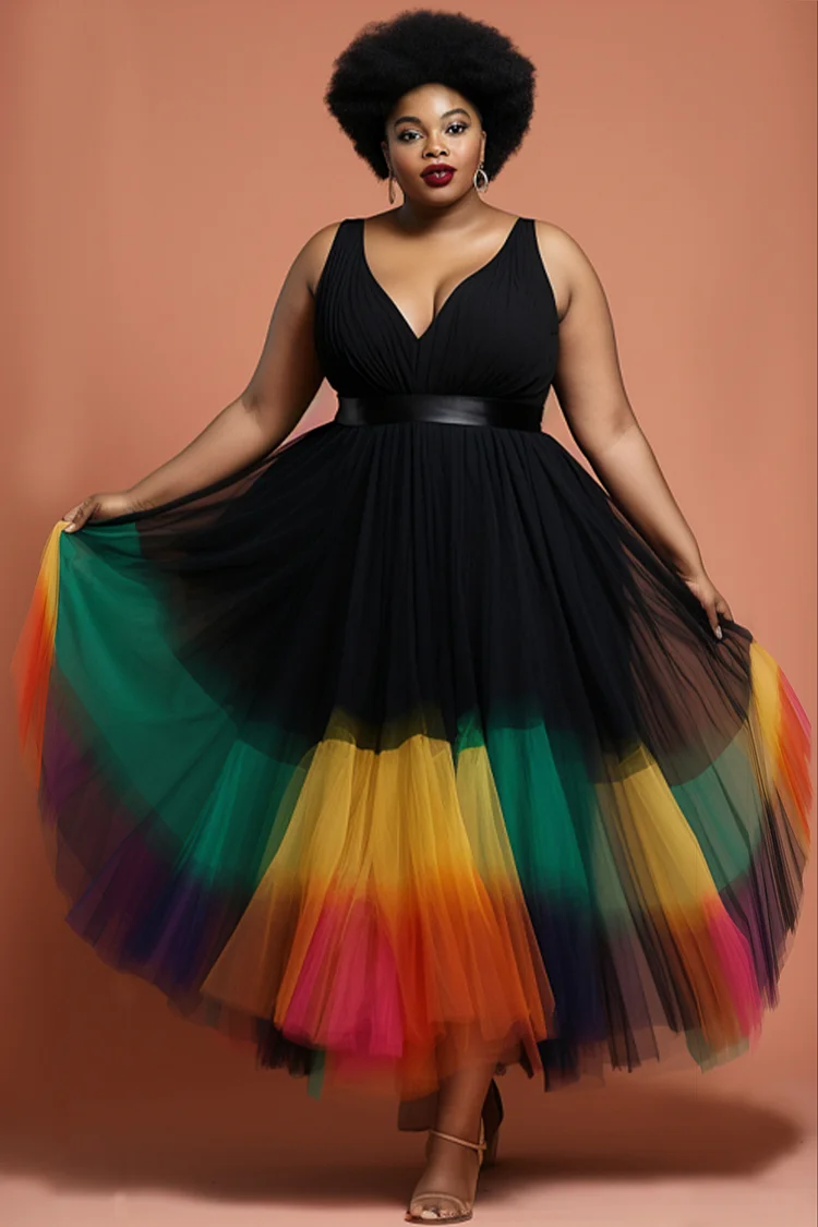 Xpluswear Design Plus Size Party Elegant Black Colorblock V Neck Tiered Tulle Maxi Dresses [Pre-Order]