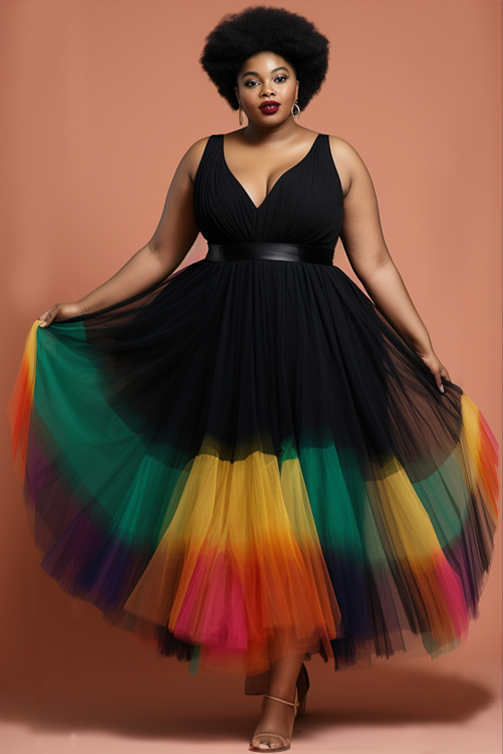 Design Plus Size Party Elegant Black Colorblock V Neck Tulle Maxi Dresses [Pre-Order]