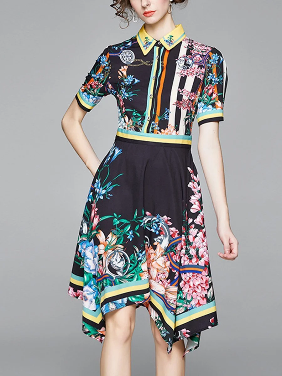 Fashion Printed Short Sleeved Shirt Collar Dress