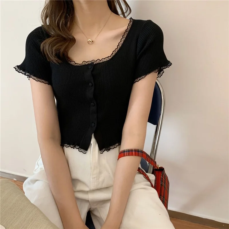 Brownm Women Patched Lace O-Neck Knitted Short Sleeve Thin Sweaters Cardigans Lady Single-breasted Buttons Sweater Crop Tops Female
