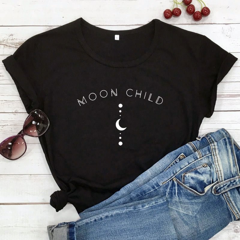 Moon Child Women T-shirt Spiritual Girl Gothic Black Tshirt Aesthetic Graphic Witchy Tee Shirt Top Camiseta Dropshipping