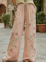 Women's Vintage Bohemian Floral Pattern Casual Linen Pants