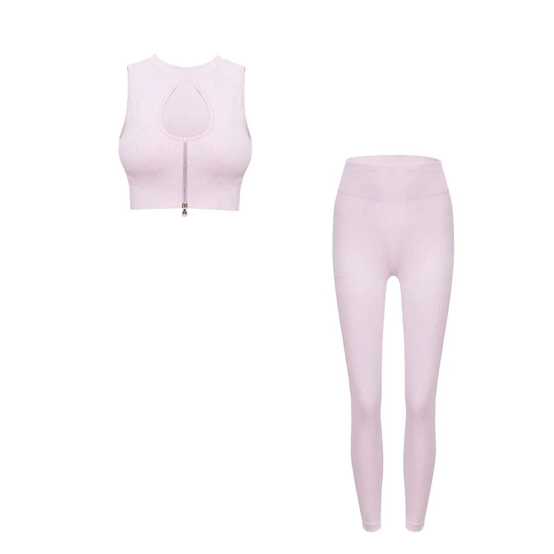 Knit Chest Cutout Zipper Sports Bra + Ribbed Legging 2 Piece Legging