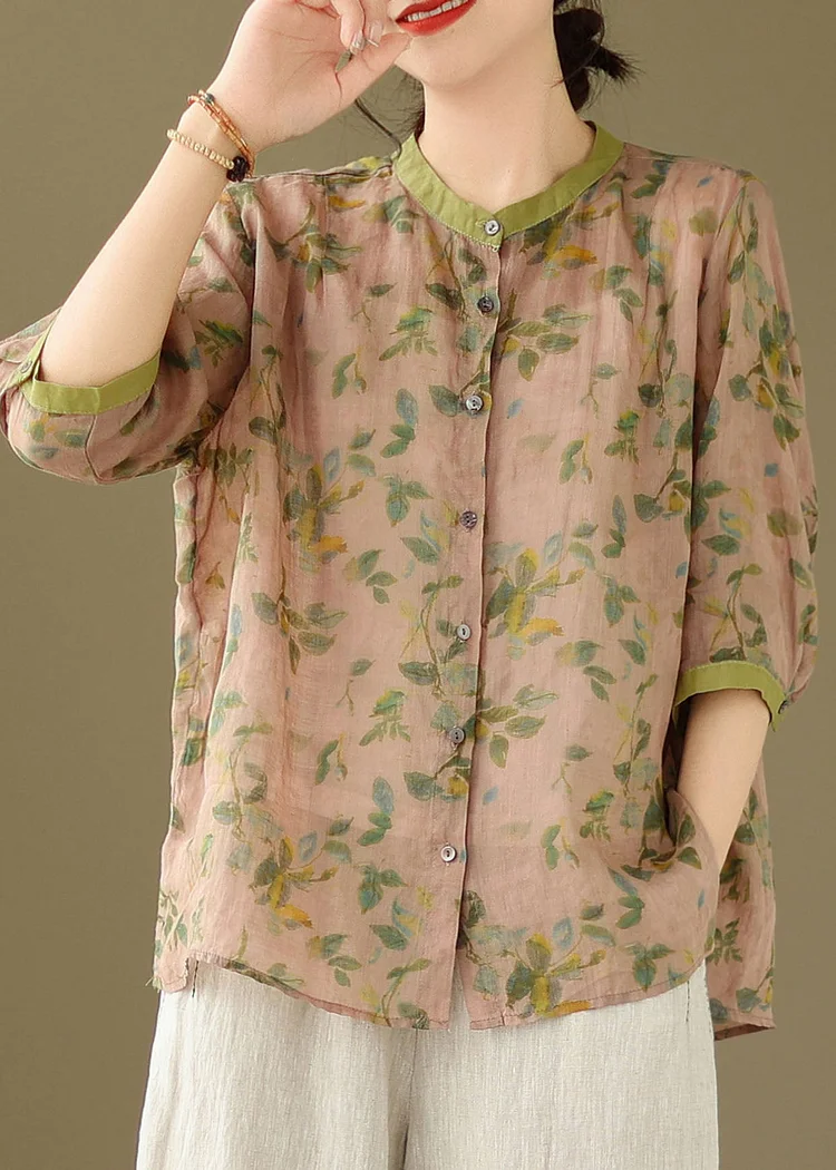 Pink Patchwork Linen Blouse Tops Stand Collar Button Summer