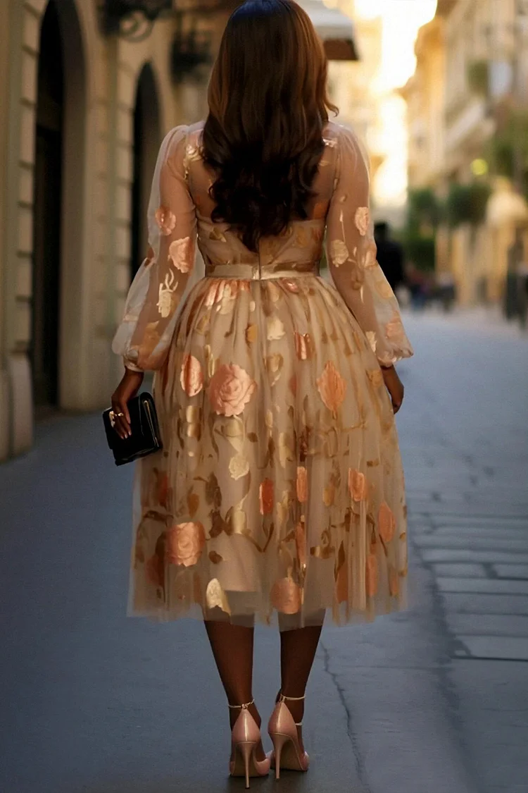 Xpluswear Design Plus Size Wedding Guest Gold All Over Print Round Neck Puff Sleeve Long Sleeve See Through Elegant Tulle Midi Dresses