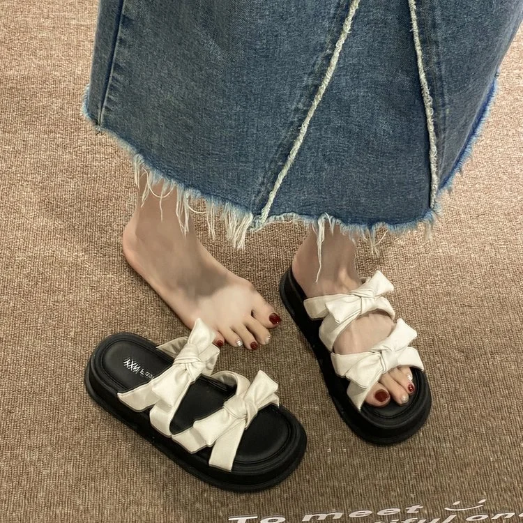 Wongn Wongn Summer New Fashion Korean Version Bow Knot Sweet And Lovely Thick Bottom Outside Wear Cool Slippers Women's Shoes Hot Style