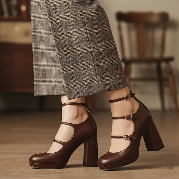 Retro Chic  Brown Triple-Strap Platform Mary Janes Vdcoo