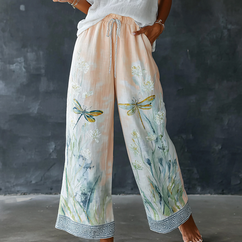 Women's Dragonfly Pattern Art Print Flowy Linen Blend Casual Pants elevenforest