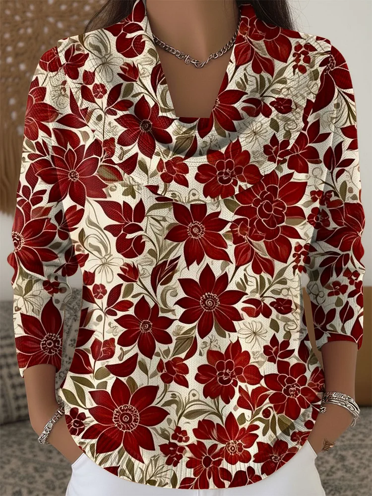 Women's Christmas Pattern Print Cowl Neck Sweater