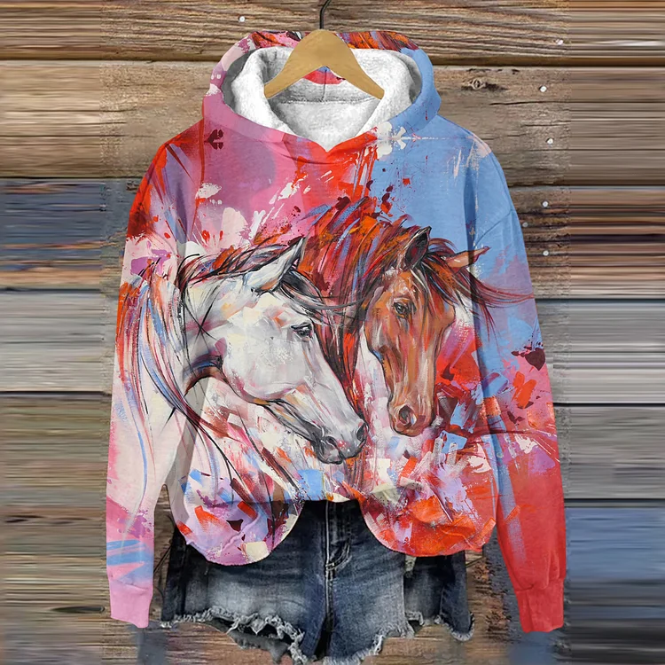 Wearshes Western Art Horse Print Long Sleeve Hoodie