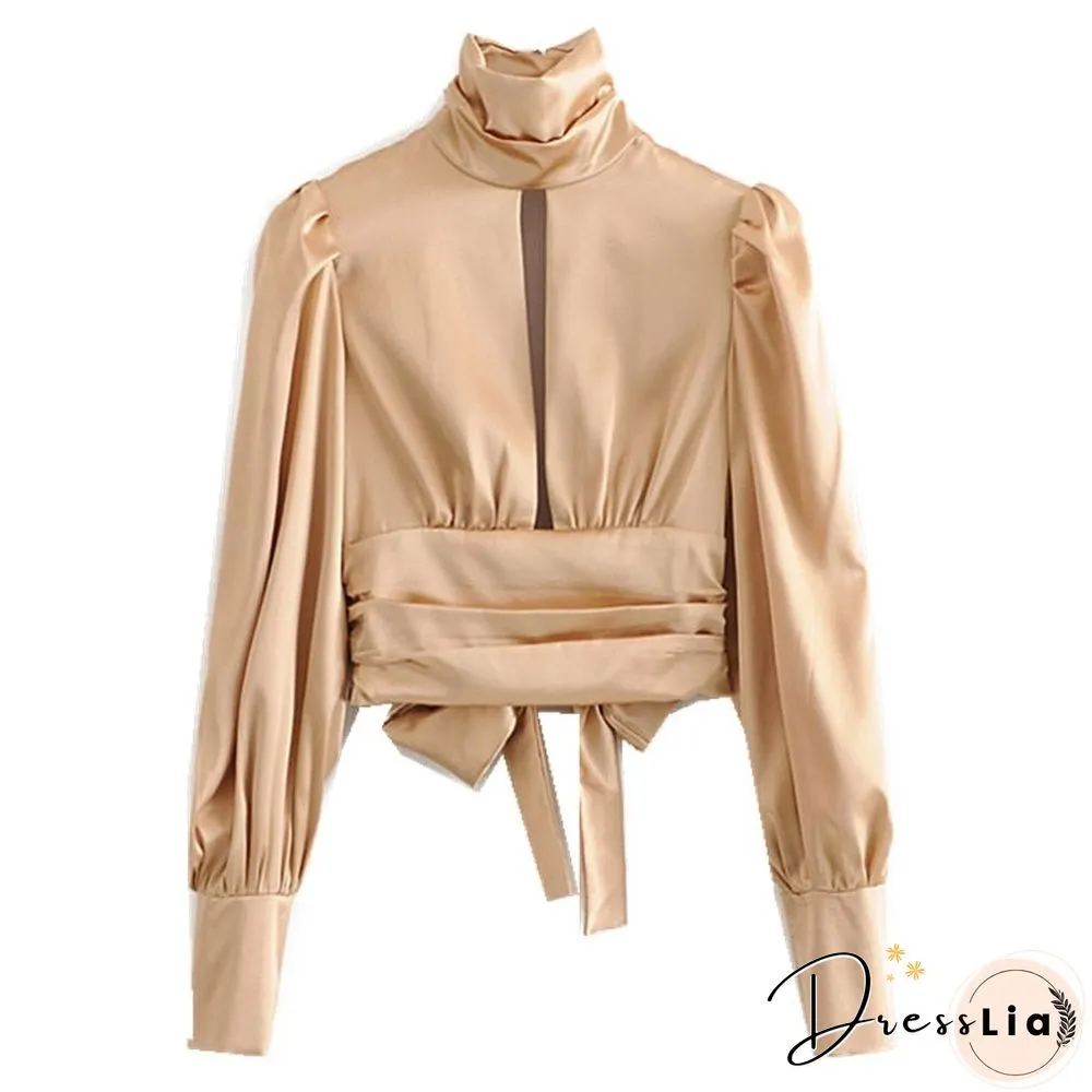 Autumn Elegant Ruched Pleated Slit Backless Silk Shirt Apricot Fashion High Collar Tie Bow
