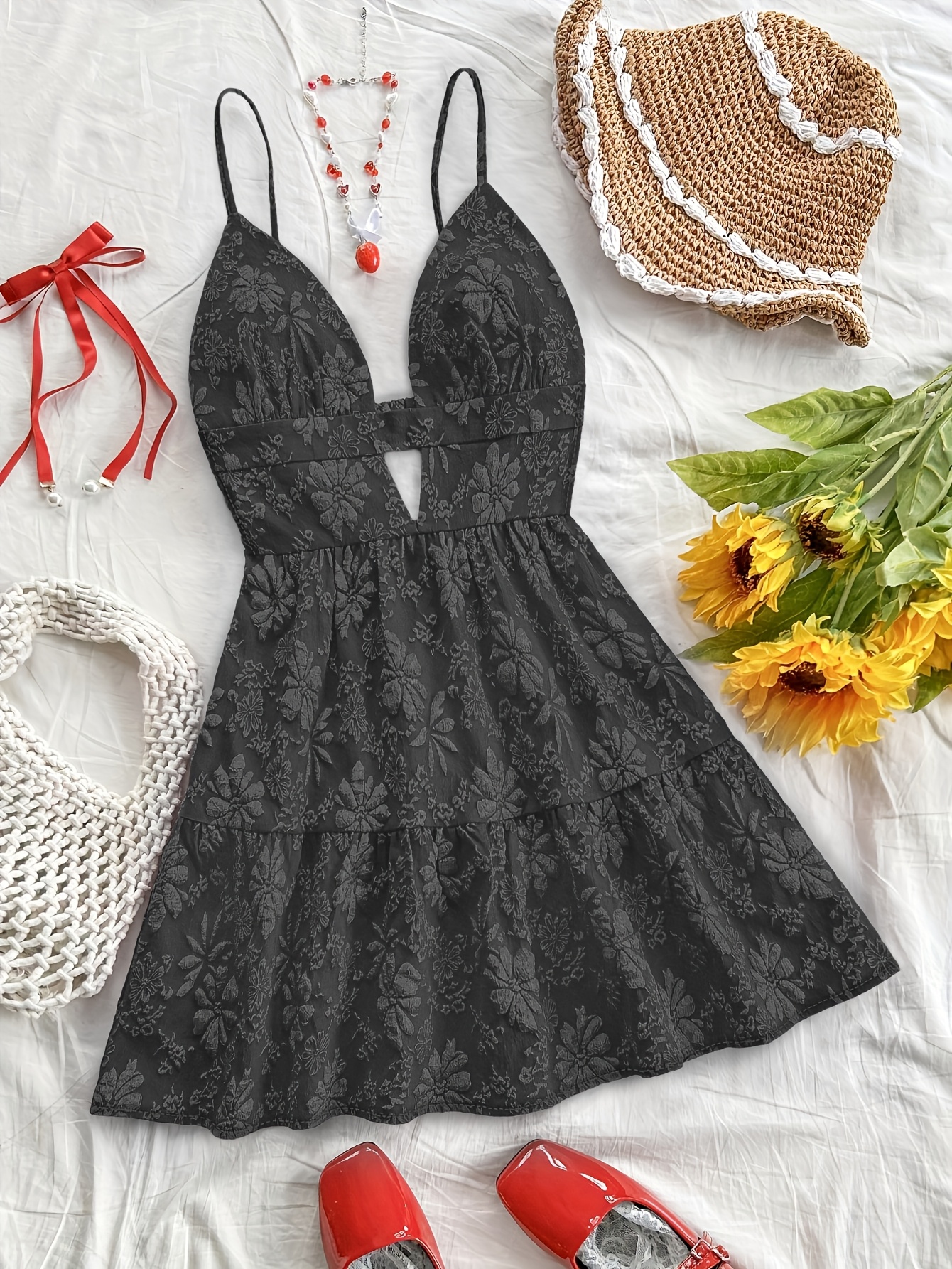 Spring And Summer Women's Elegant V-Neck Red Jacquard Halter Dress, Sexy Sleeveless A-Line Mini Party Dress, Suitable For All Season | IFYHOME