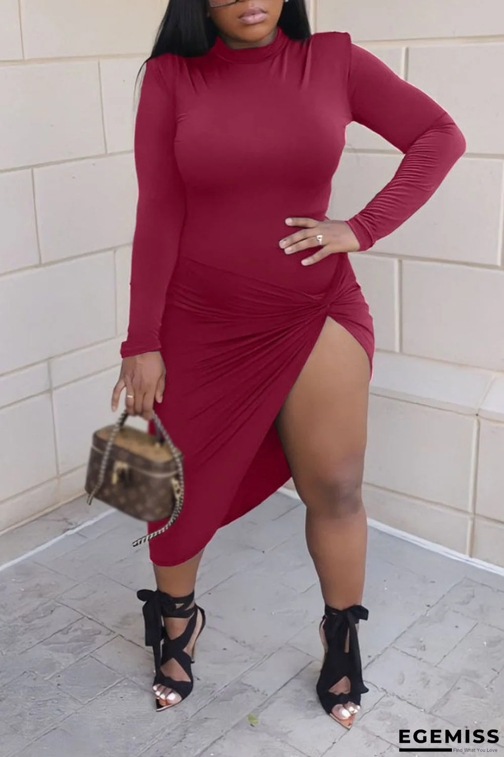 Burgundy Sexy Solid Patchwork Fold Asymmetrical O Neck One Step Skirt Dresses | EGEMISS